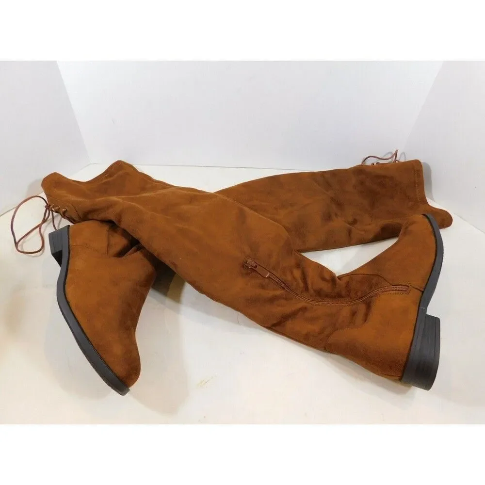 Dream Pairs Thigh High Low Heel Fashion Boots sz 5.5 M Tan Faux Stretch Suede